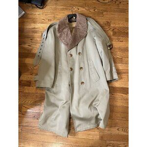 Brooks Brothers Beige Overcoat Belted Trench Coat Faux Fur Fleece Lining No Size